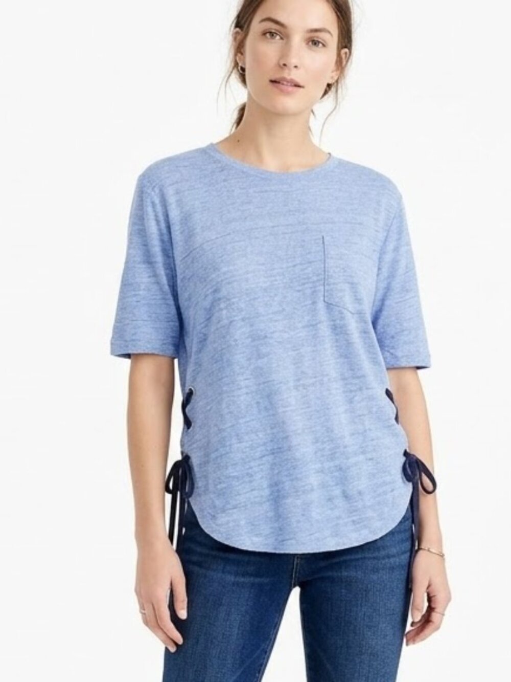 Derek Lam 10C Blue Linen Short Sleeve Shirt Tie Details Size Small